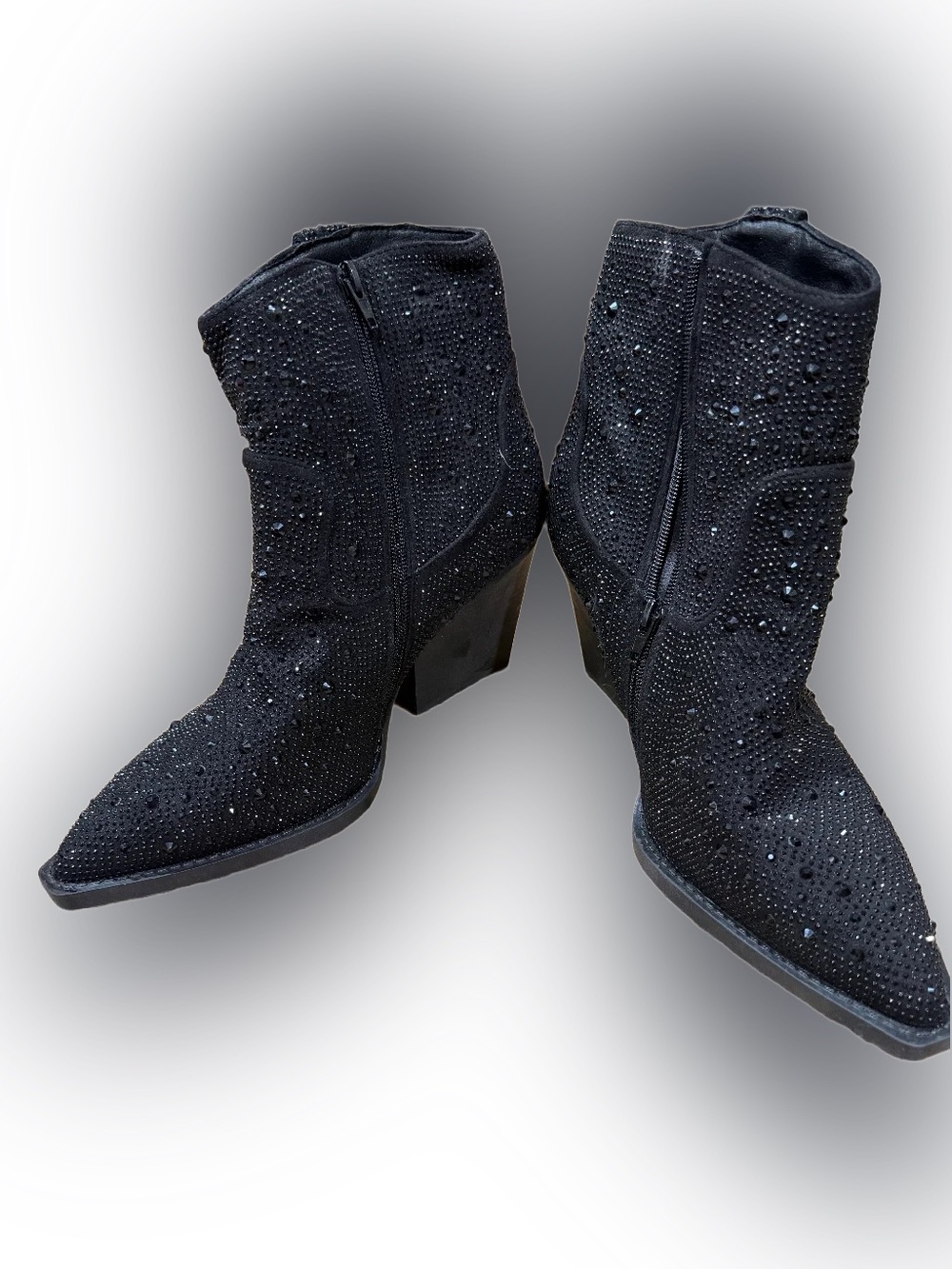 Black Rhinestone Western Ankle Boots - Women